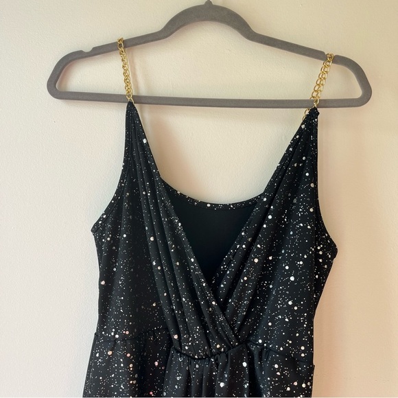 Black Sparkle Bodycon Midi Dress L Faux Wrap Gold Chain Straps, NYE Holiday Glam - Picture 10 of 10